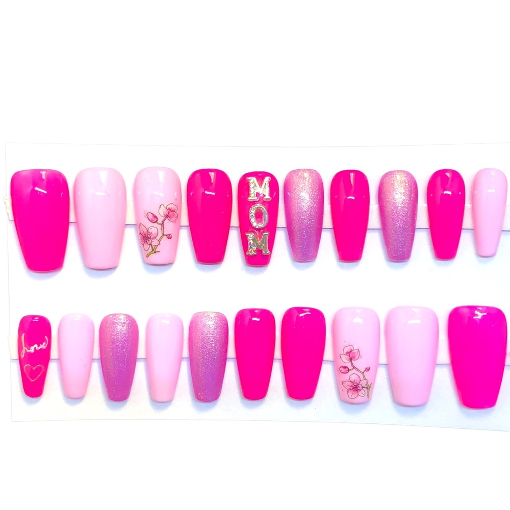 Handmade Custom Press On Nails Gel Long Coffin MOM Theme Pink False Nails